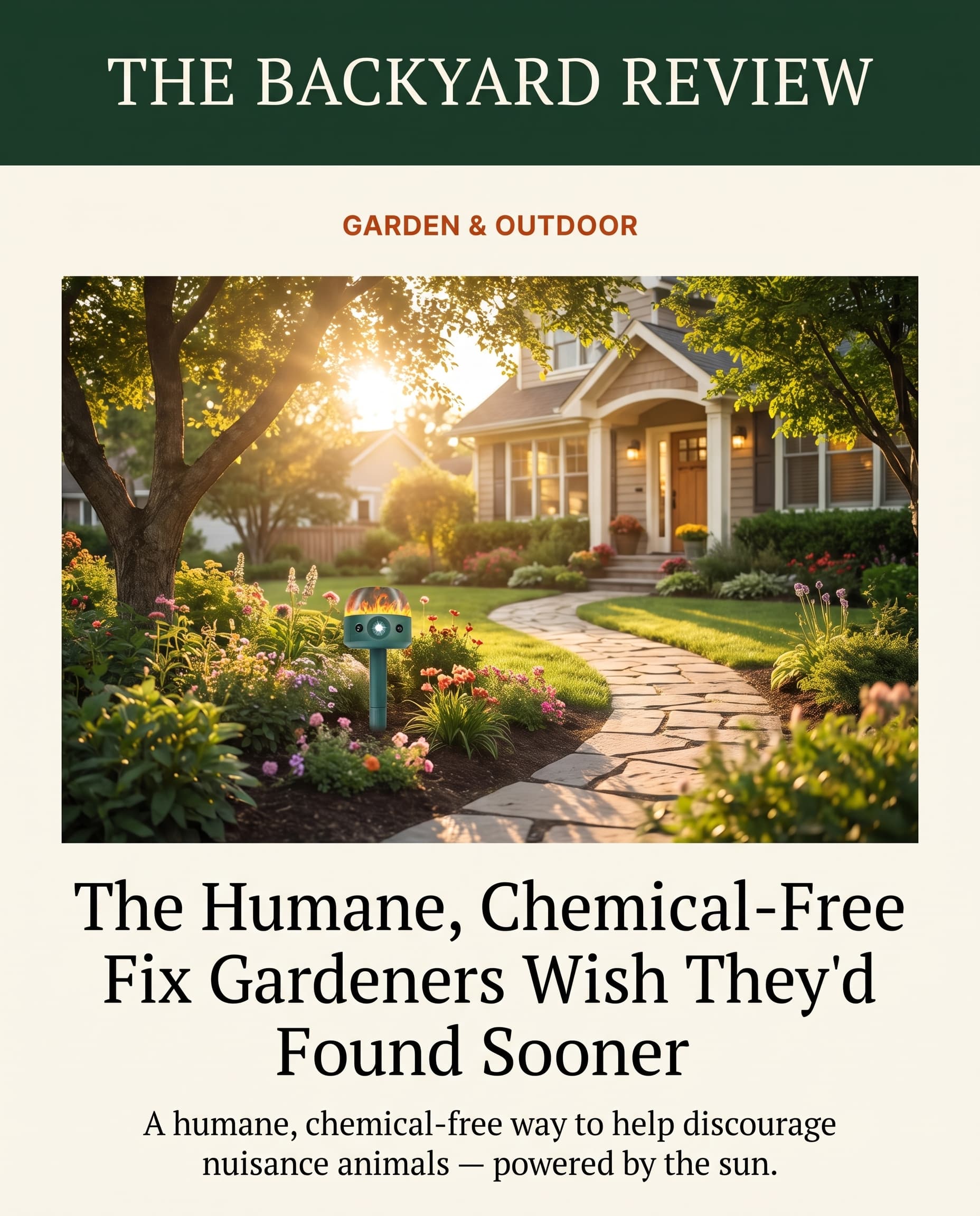 A thriving garden at sunrise with a coffee mug on a bench; headline reads 'Wake Up to the Garden You Went to Bed With.'